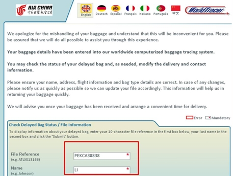Air China launches Baggage Inquiry Self-service  for  passengers